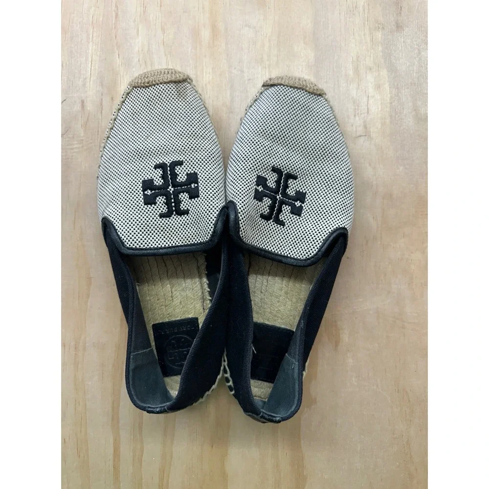 Tory Burch Canvas Logo Espadrille Flats Black White Woven Slip On Shoes 9M